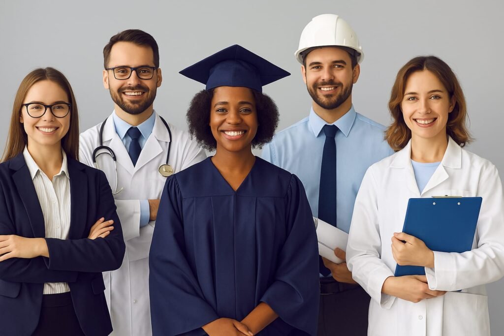 Diverse students graduating in the UK – future doctors, engineers, lawyers, scientists, and professionals with working Visa